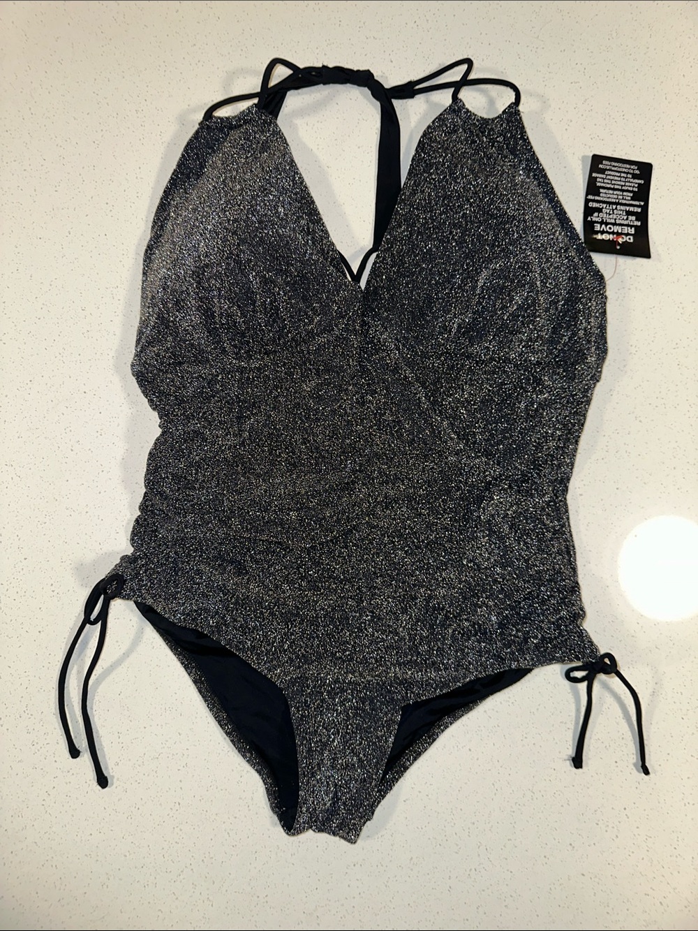 Swimsuits- Women’s Shimmery Black One-Piece Swimsuit with Adjustable Ties